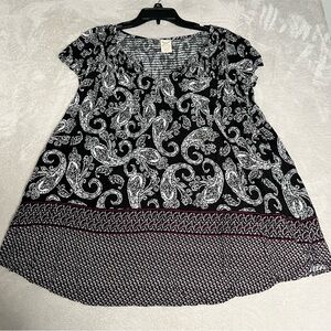 Faded Glory Blouse Top Womens 1X (16W) Smocked Peasant Paisley Print Black White